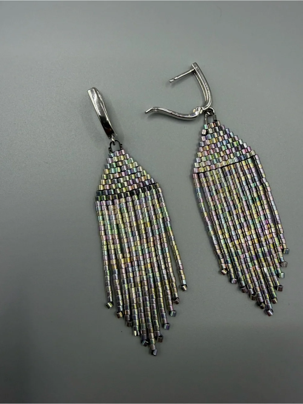 Iridescent Multicolor Seed Bead Fringe Earrings - Unbranded
